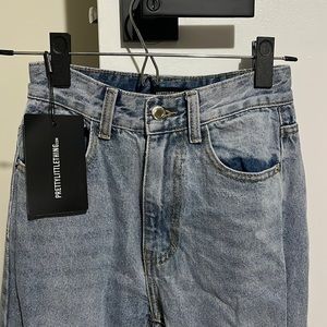 Petite light blue wash long leg straight jean